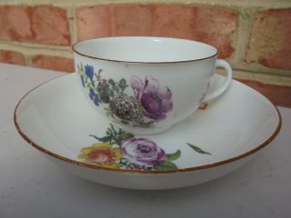 Antique Meissen Porcelain Cup & Saucer Floral Sprays Brown Edge