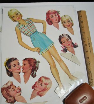 Vintage Paper Doll - 14 1/2 " Tall W/7 Additional Interchangeable Heads - Pre - Cut