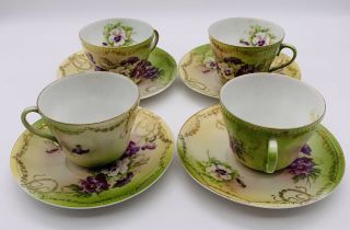 Set Of 4 Fine Bone China Coffee Tea Cups & Saucers Victorian Pansies Gilded Vtg