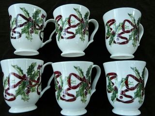 Set Of 6 Charter Club Winter Garland Coffee Mugs Christmas Holly