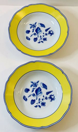 Lynn Chase China Costa Azzurra Yellow And Blue Rimmed 9 In Soup Bowls Set Of 2
