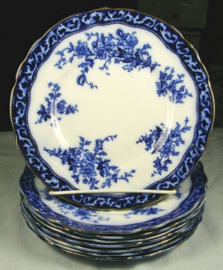 (8) Antique Flow Blue Touraine 8 - 5/8 " Salad Plates - Stanley Pottery Co.