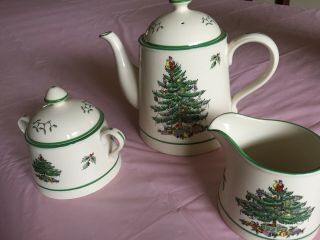 Spode Christmas Tree 3 Piece Tea Set,  Tea Pot,  Sugar,  Creamer