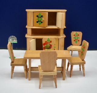 Vintage Dollhouse Miniature Wood 7 Piece Dining Room Set