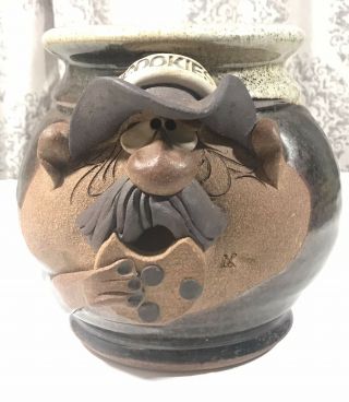 Vintage Cookie - Jar Stoneware Pottery Funny Face Mustache Cork Signed Prop