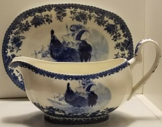 William James Farmyard Blue Rooster Gravy Boat And Underplate/saucer