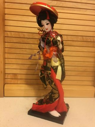 Vintage Japanese 11 " Geisha Girl In Silk Ceremonial Robe - Accents - Wood Stand 2