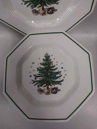 Set Of 8 Nikko Japan Christmastime Octagon Christmas Tree Dinner Plates 10 3/4 "