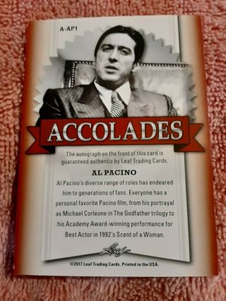 2017 Leaf Accolades Al Pacino Autographed (the Godfather) Card 4/15