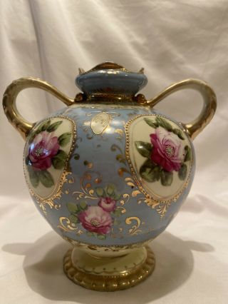 Vintage Powder Blue Floral Gold Gilt Hand Painted Nippon Double Handle
