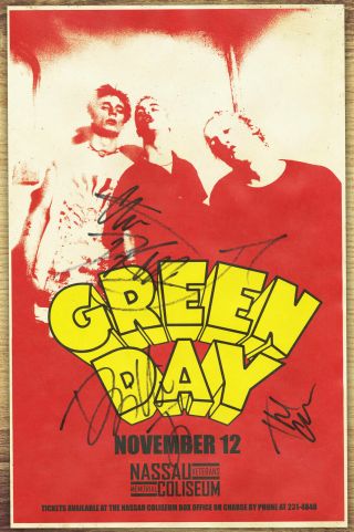 Green Day Autographed Gig Poster Billie Joe Armstrong,  Mike Dirnt,  Tré Cool