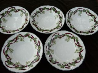 Set Of 5 Charter Club Winter Garland Rimmed Soup Bowls Christmas Holly