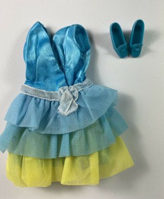 1970 Barbie Dreamy Blues Ruffled Dress 1456 Turquoise Pilgrim Shoes Mod - 0025