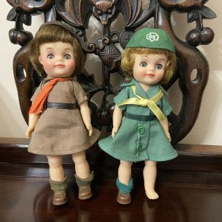 2 Vintage Effanbee 8 " Fluffy Dolls In Girl Scout & Brownie Uniforms