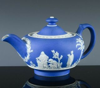 Great 19thc Antique Wedgwood Blue & White Jasperware Figural Scenic Teapot