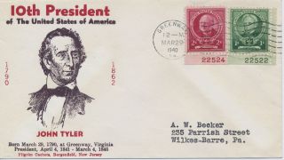 John Tyler 10th President Of The United States Pilgrim Cachet Event Cover