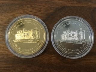 2 Summerside P.  E.  I.  “ Caboose “ Trade Dollars Rhodium Plated & Gold Plated