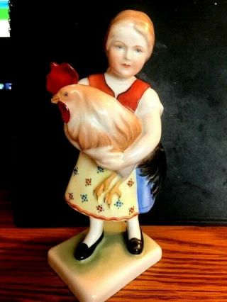 Herend Young Girl With A Rooster Figurine