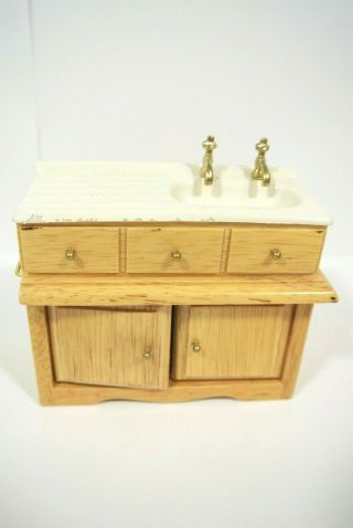 Country Kitchen Sink Porcelain Style Wood Cabinet Doll House 1:12 Miniature