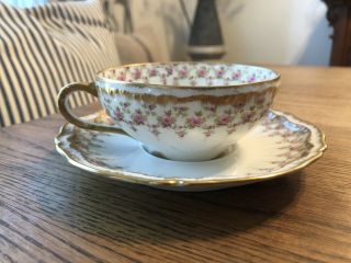 Antique Theodore Haviland Limoges Tea Cup/saucer Set W/ Tiny Pink Flowers