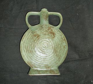 Antique Matte 2 Tone Green Art Pottery Handled Disc Bottle Jug Rookwood Teco