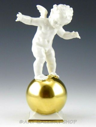 Hutschenreuther Germany Figurine 8 " Nude Cherub Putti On Gold Ball Karl Tutter