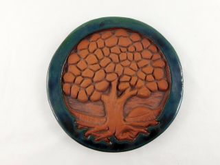 American Arts And Crafts Pottery Hanging Plaque Green Glaze Tree Circle Signed W