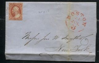 Sc 10 Folded Letter 1851 Red Boston 21 Jul 3 Cds & Barred Oval To Ny