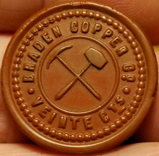 Vtg.  Red Vulcanite Mining Scrip Token Chile Branden Copper Co.  Pick & Hammer 20c