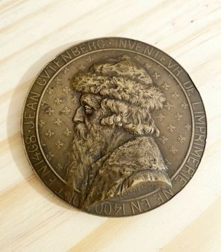C1900 Antique Gutenberg French Bronze Medal Medallion L Deschamps Printing Bible