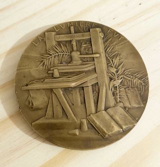 c1900 Antique Gutenberg French Bronze Medal Medallion L Deschamps Printing Bible 2