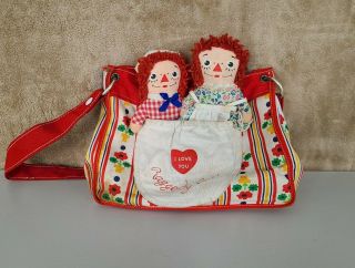 Vintage Knickerbocker 16” Raggedy Ann & Andy Doll W/ " I Love You " Purse Satchel