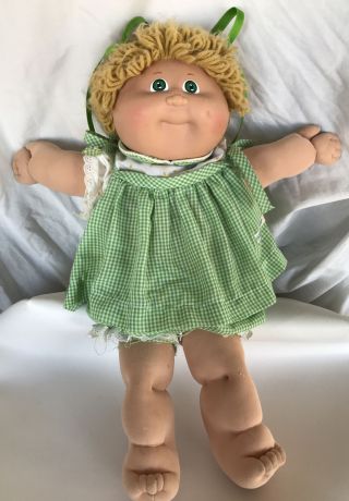 Vintage Cabbage Patch Kids 1982 Blonde Hair Green Ribbons And Green Gingham