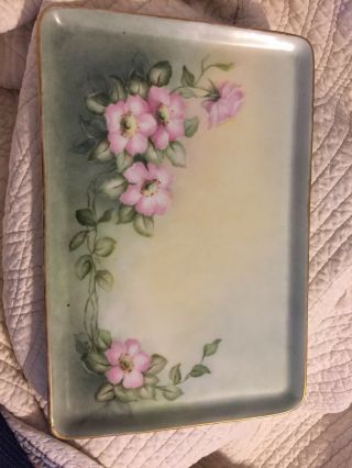 T & V Limoges France Porcelain Gold Trim Pink Floral Vanity Dresser Tray Vintage