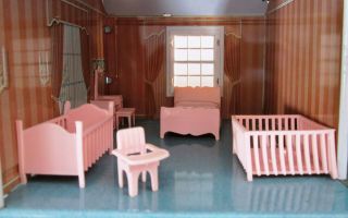 Vintage Marx Dollhouse Furniture Pink Bed,  Vanity,  Baby Play Pen,  Crib,  Chair