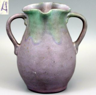 Vtg C.  1930 Muncie Double Handled Art Vase Green Over Purple Glaze " A " Marked