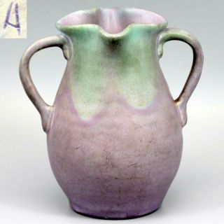 VTG c.  1930 Muncie Double Handled Art Vase Green over Purple Glaze 