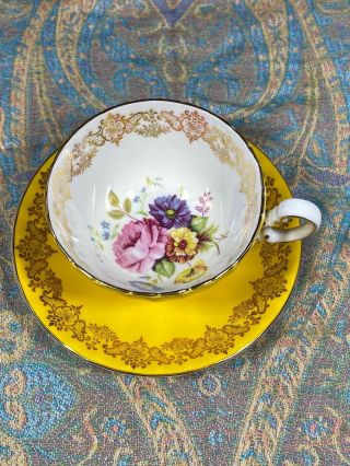 Vintage Aynsley Tea Cup & Saucer Dark Yellow Large Pink Rose & Florals Oban