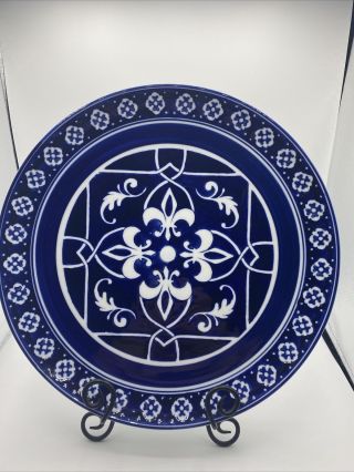 Target Home Fleur De Lis Blue & White Serving Platter Chop Plate Porcelain 14 "