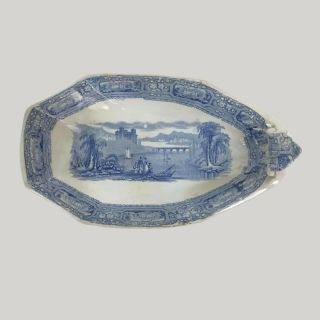 Antique 19th Century Staffordshire Blue Transferware Shell Shaped Celery Dish 9 "