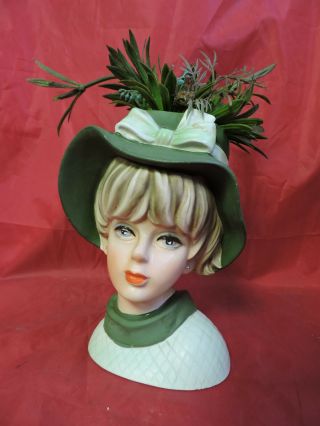 Vintage Green Napco Napcoware C - 7495 Glamour Lady Headvase Head Vase Foil Tag