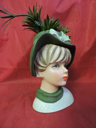 VINTAGE GREEN NAPCO napcoware C - 7495 glamour LADY HEADVASE head vase foil tag 3