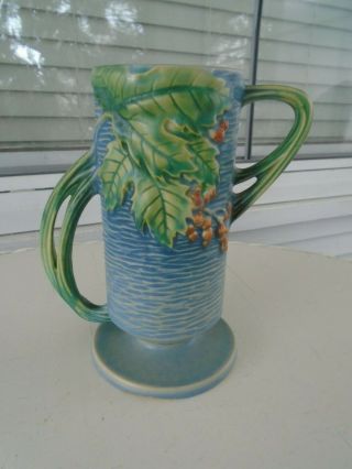 Vintage Roseville Blue Bushberry Footed Double Handled Vase