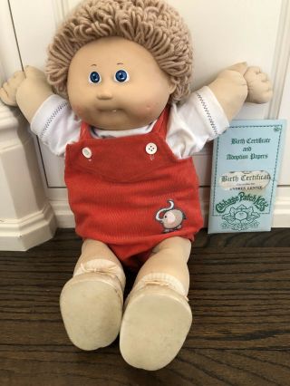 Vintage 1985 Cabbage Patch Doll Boy Wheat Hair Blue Eyes With Tooth Dimples