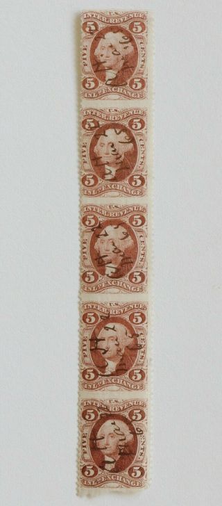 5c Inland Exchange Scott R27b Red Strip Of 5 Us Revenue Stamps Part Perforated