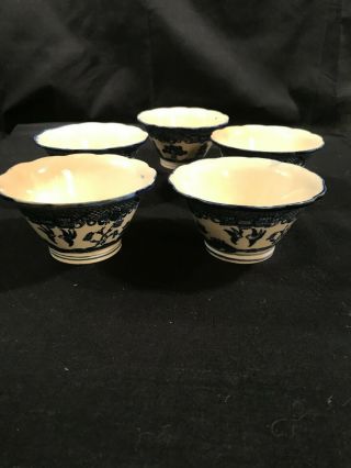 Vintage Japan Blue Willow Set Of 5 Snack/custard/condiment/sauce/nut Bowls Rare