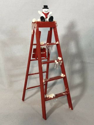 Dollhouse Miniature 1:12 Scale Snowy Snowman On Red Ladder Christmas