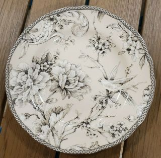 (4) 222 Fifth Adelaide Antique White Floral Bird Salad Plates Home Decor