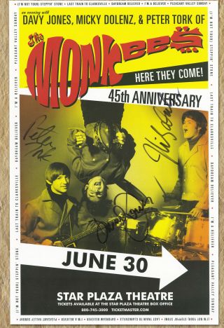 Monkees Autographed Gig Poster Peter Tork,  Davy Jone And Micky Dolenz
