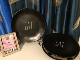 Rae Dunn By Magenta Set Of 4 " Eat " Dinner Plates Black W/ White Letters 11 "